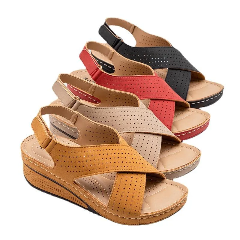 Women peep toe criss cross magic tape ankle strap wedge sandals
