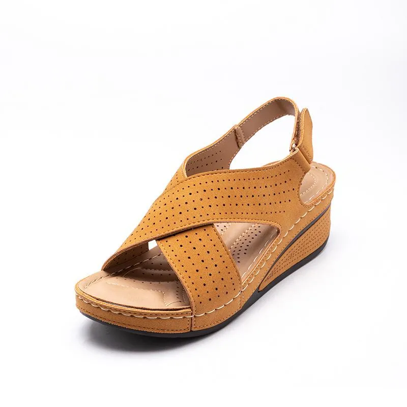 Women peep toe criss cross magic tape ankle strap wedge sandals