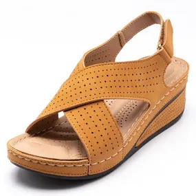Women peep toe criss cross magic tape ankle strap wedge sandals