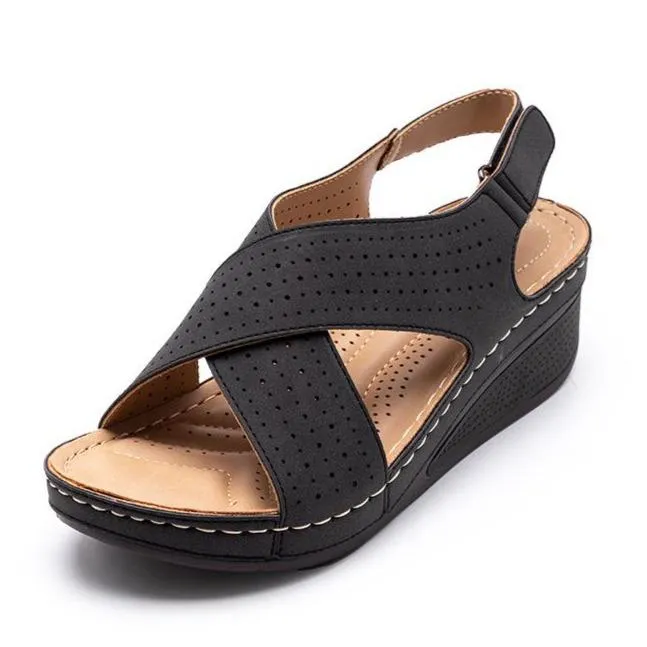 Women peep toe criss cross magic tape ankle strap wedge sandals