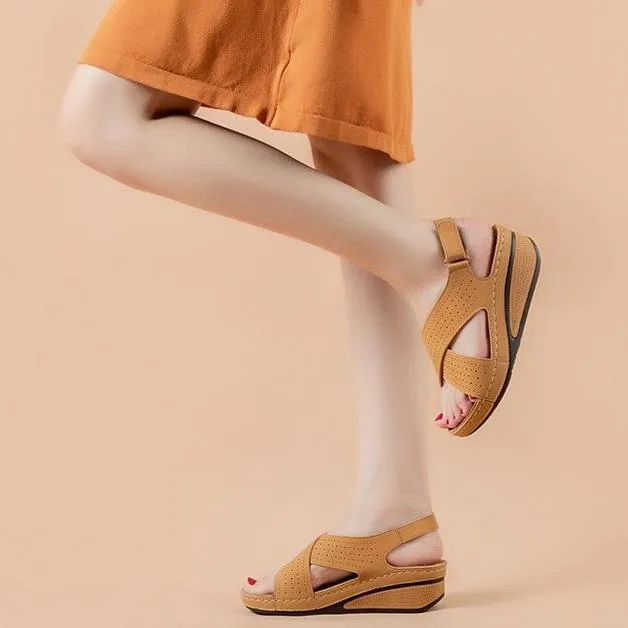 Women peep toe criss cross magic tape ankle strap wedge sandals