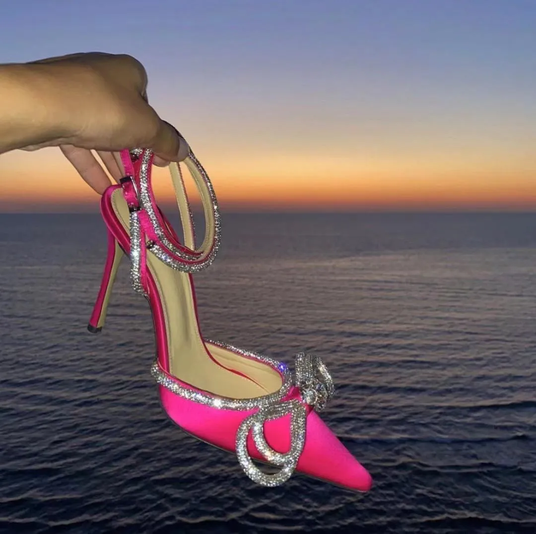 Women rhinestone bow pointed toe ankle strap stiletto heels