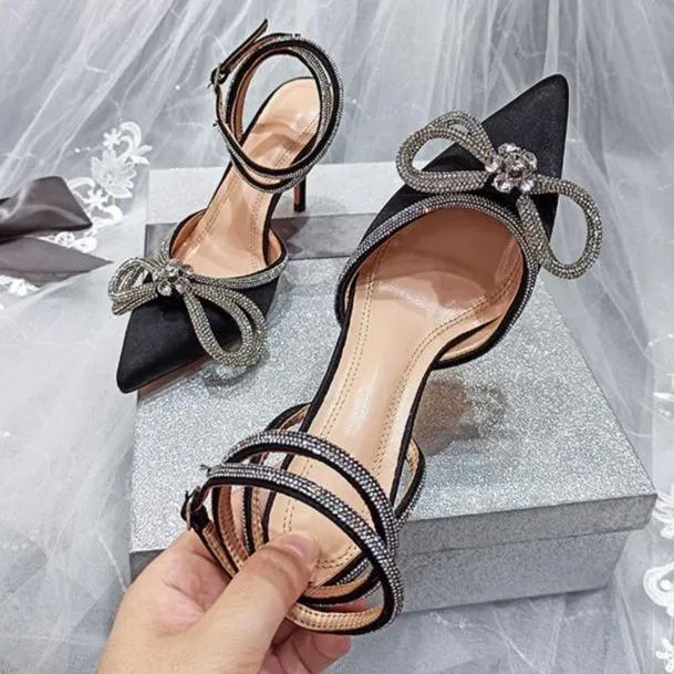 Women rhinestone bow pointed toe ankle strap stiletto heels