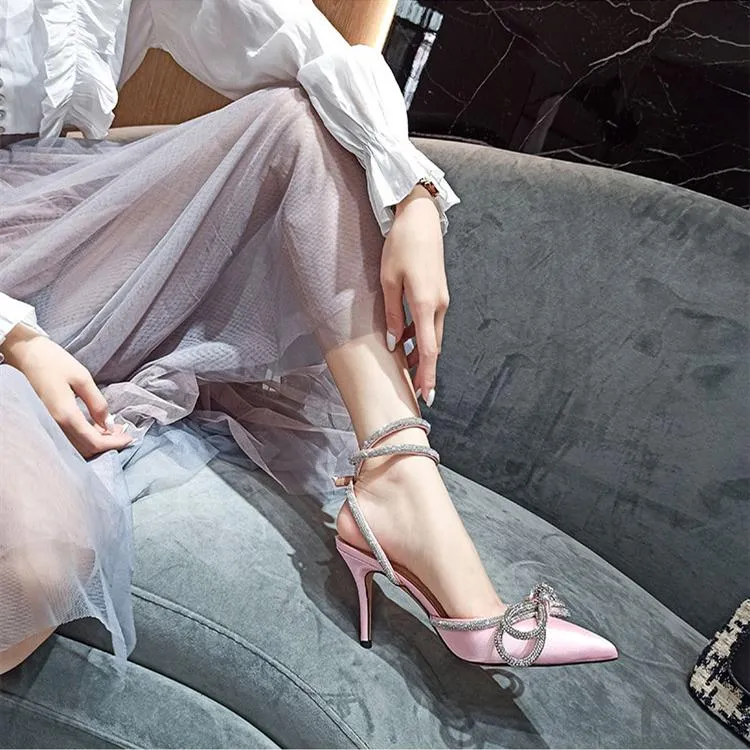 Women rhinestone bow pointed toe ankle strap stiletto heels