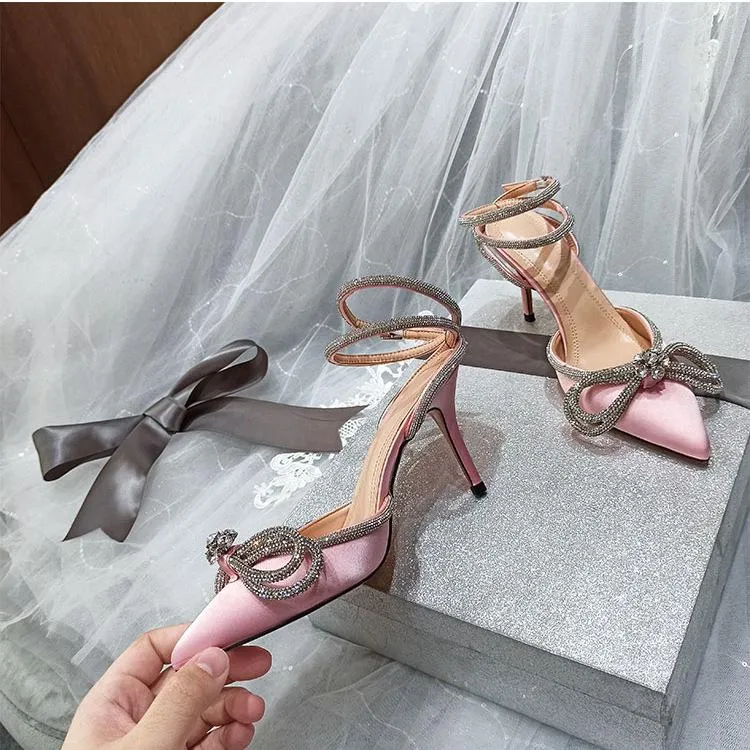 Women rhinestone bow pointed toe ankle strap stiletto heels