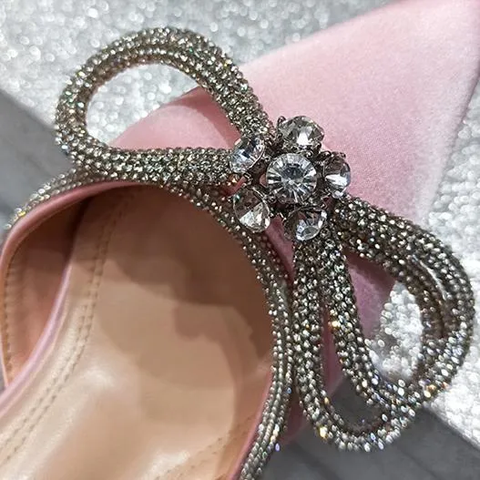 Women rhinestone bow pointed toe ankle strap stiletto heels