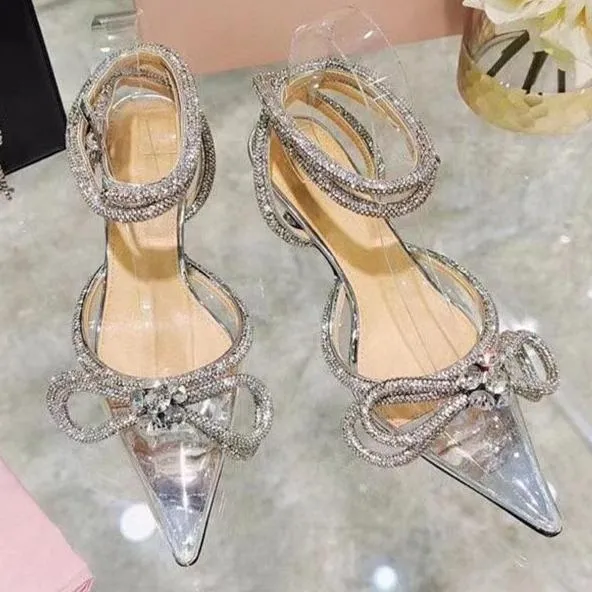 Women rhinestone bow pointed toe ankle strap stiletto heels