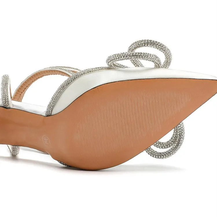 Women rhinestone bow pointed toe ankle strap stiletto heels