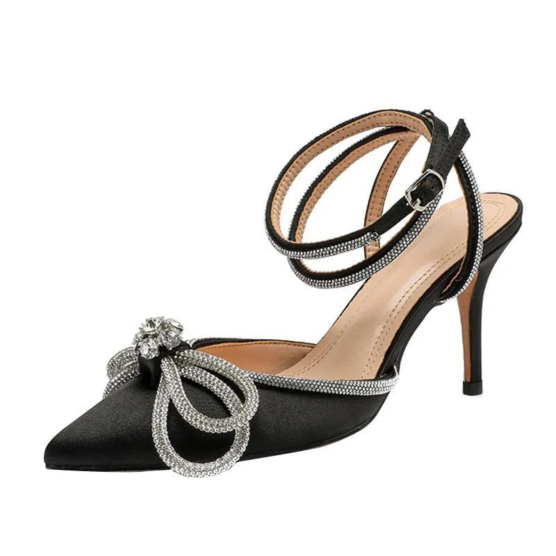 Women rhinestone bow pointed toe ankle strap stiletto heels