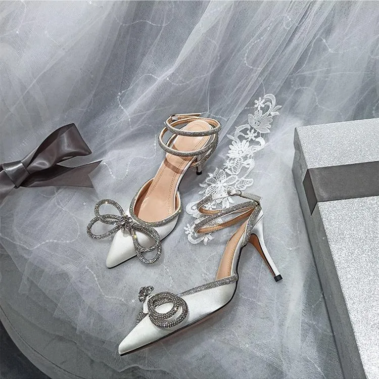 Women rhinestone bow pointed toe ankle strap stiletto heels