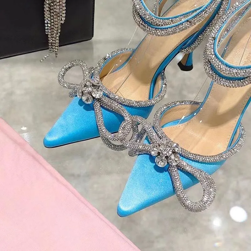Women rhinestone bow pointed toe ankle strap stiletto heels