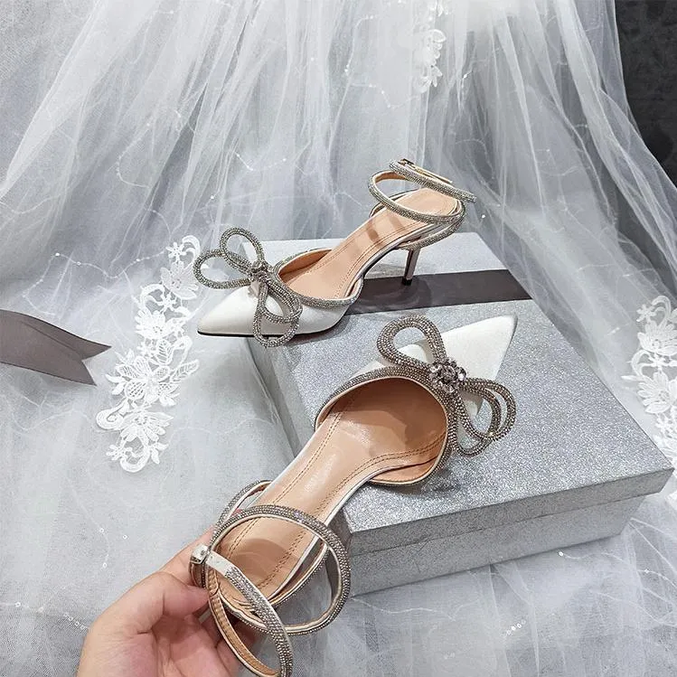 Women rhinestone bow pointed toe ankle strap stiletto heels