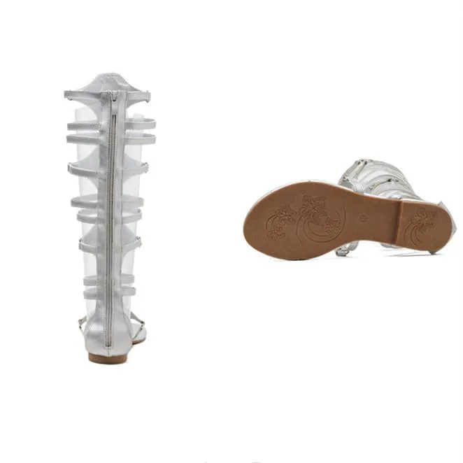 Women rivets hollow knee high clip toe gladiator sandals
