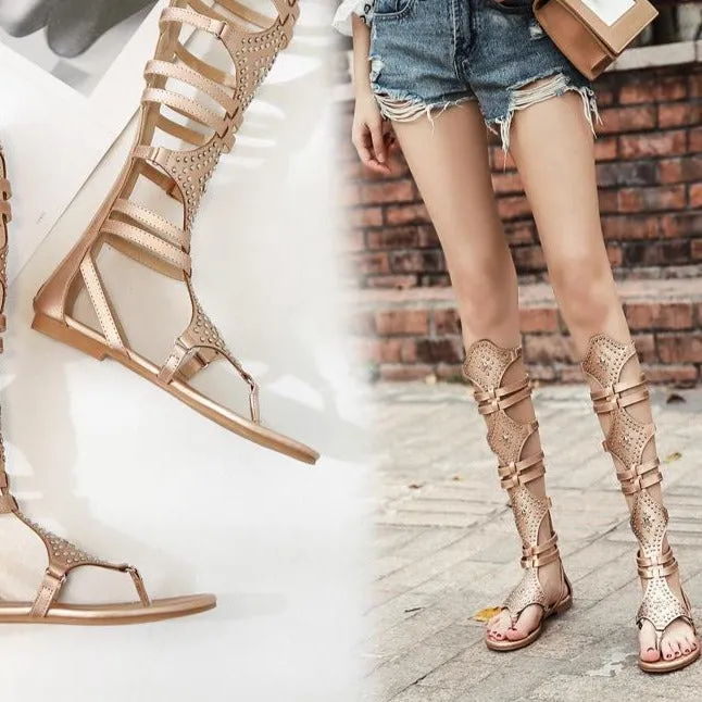 Women rivets hollow knee high clip toe gladiator sandals