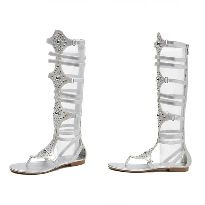Women rivets hollow knee high clip toe gladiator sandals