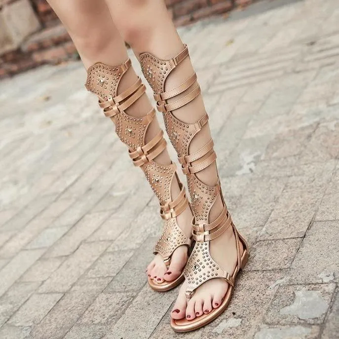 Women rivets hollow knee high clip toe gladiator sandals