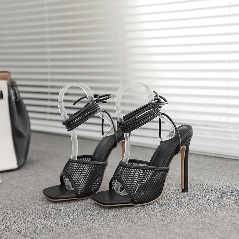 Women square peep toe stiletto slingback lace up strappy heels