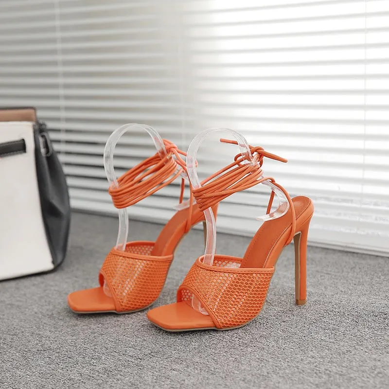 Women square peep toe stiletto slingback lace up strappy heels