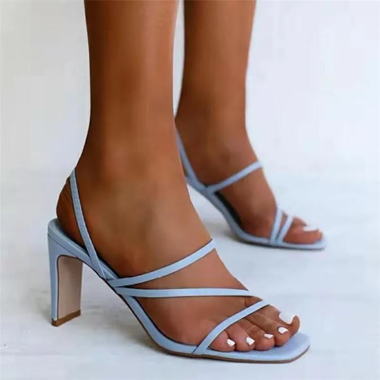Women square toe strap slingback slip on chunky heels