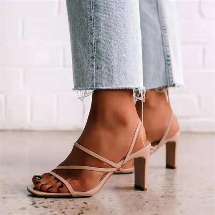 Women square toe strap slingback slip on chunky heels