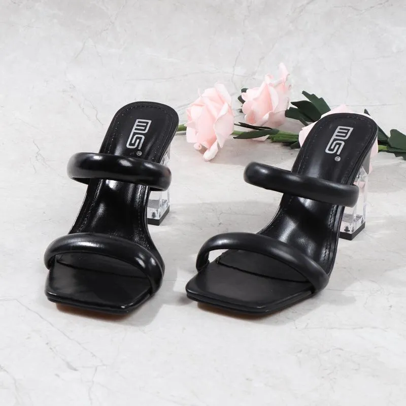 Women two strap peep toe chunky high heels