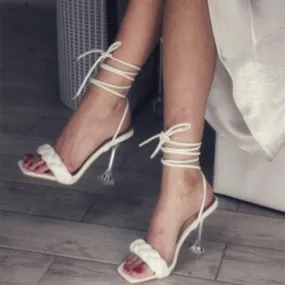 Women woven square peep toe strappy lace up high heels