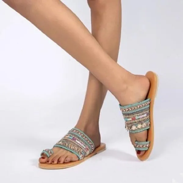 Women's boho dark green ring toe slide sandals