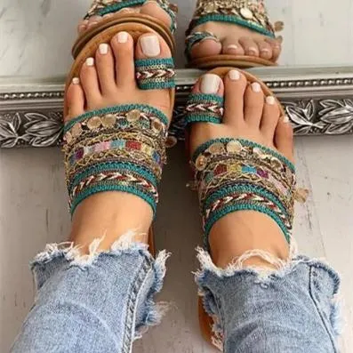 Women's boho dark green ring toe slide sandals