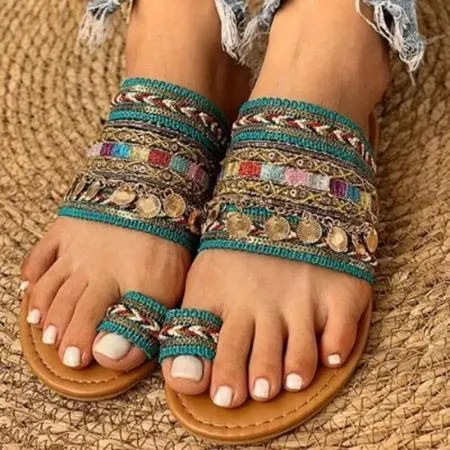 Women's boho dark green ring toe slide sandals