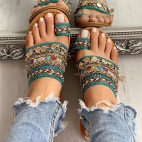 Women's boho dark green ring toe slide sandals