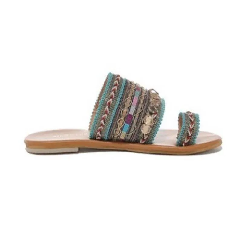 Women's boho dark green ring toe slide sandals