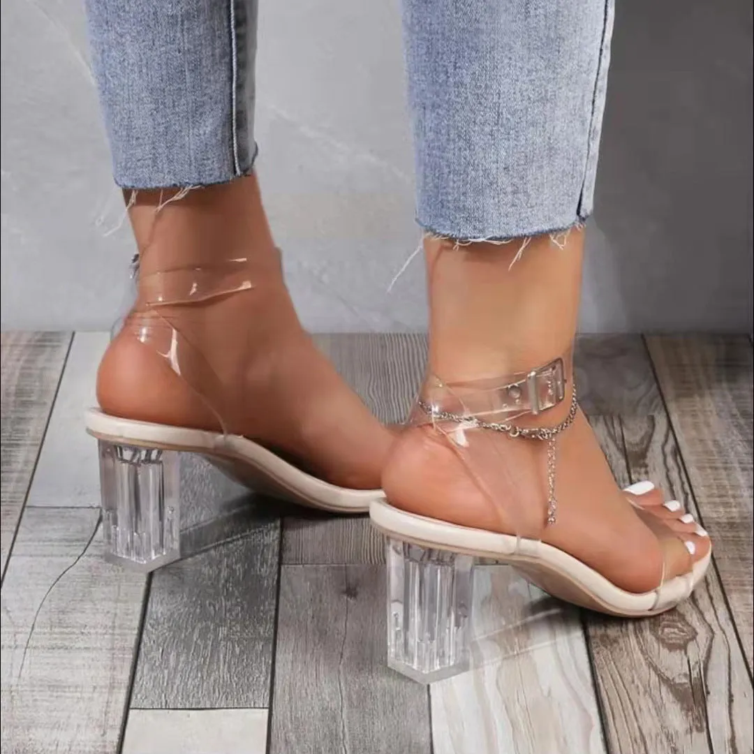 Women's clear crystal ankle strap chunky heels | Summer transparent buckle heels