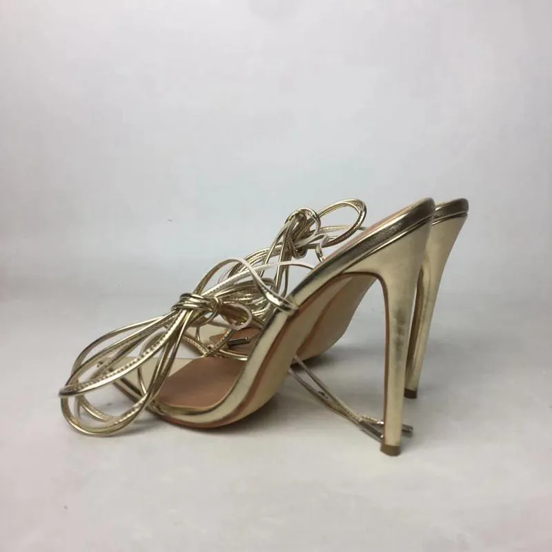 Women's gold peep toe ankle tie-up stiletto high heels