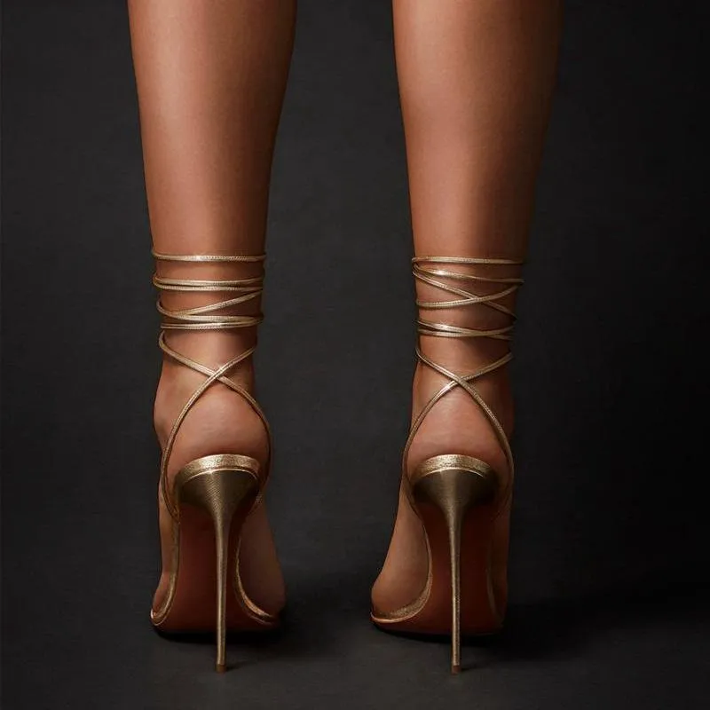 Women's gold peep toe ankle tie-up stiletto high heels