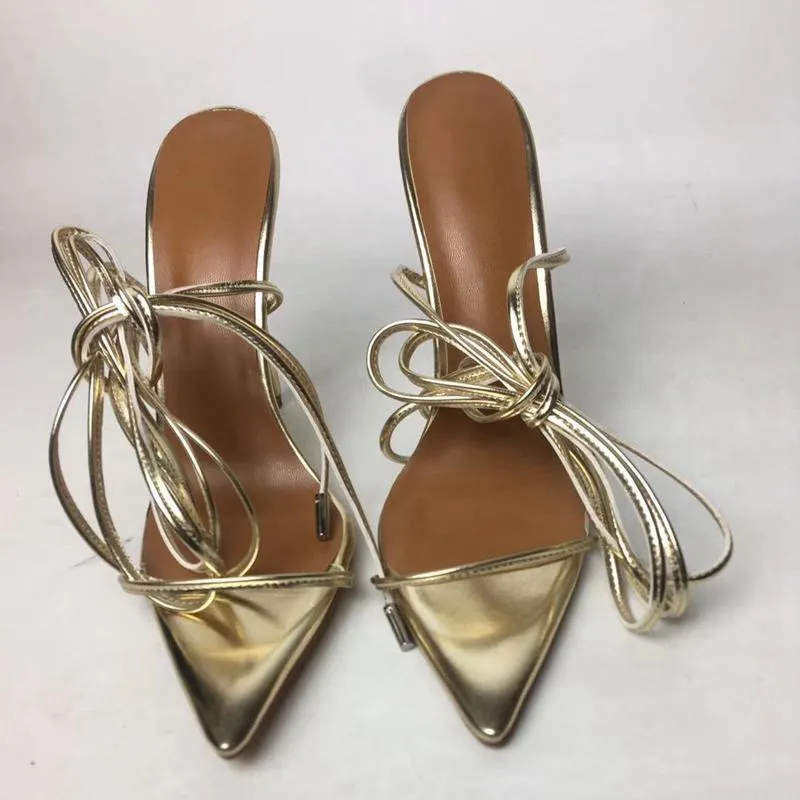 Women's gold peep toe ankle tie-up stiletto high heels