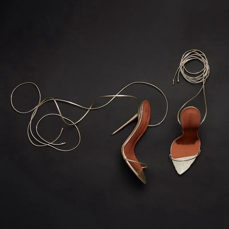 Women's gold peep toe ankle tie-up stiletto high heels