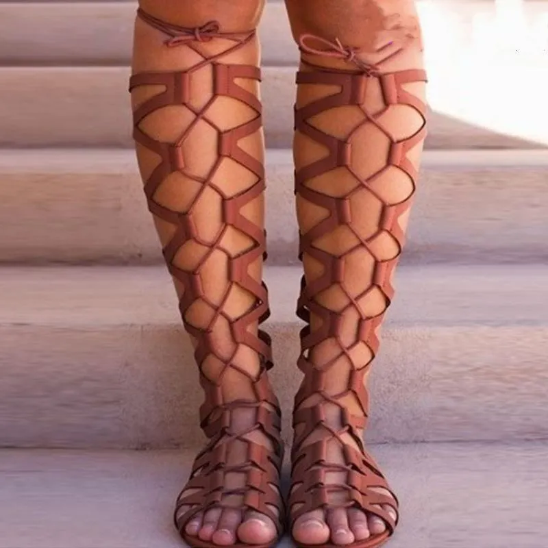 Women's knee high criss cross gladiator sandals boots boho roman style strappy sandals