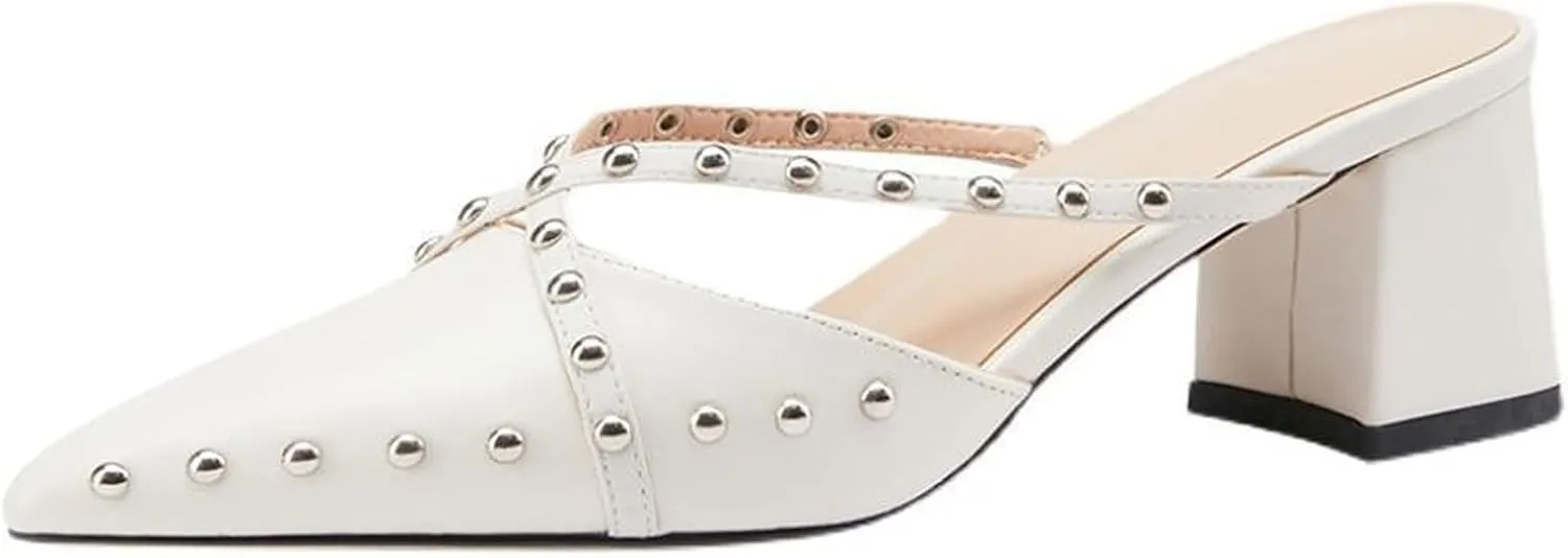 Women's Leather Rivet Closed Pointed Toe Block Heel Mules Fashion strappy Slip-On Slingback chunky mid Heels Slingback sandals for Summer Business Wedding Dress Office