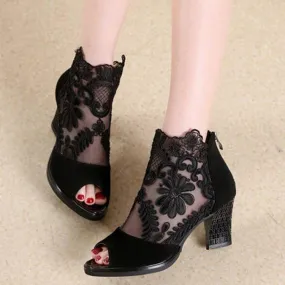 Women's peep toe mesh summer chunky high heel booties with back zipper