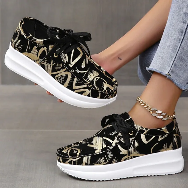 Women's printed chunky platform sneakers comfort lace-up sneakers
