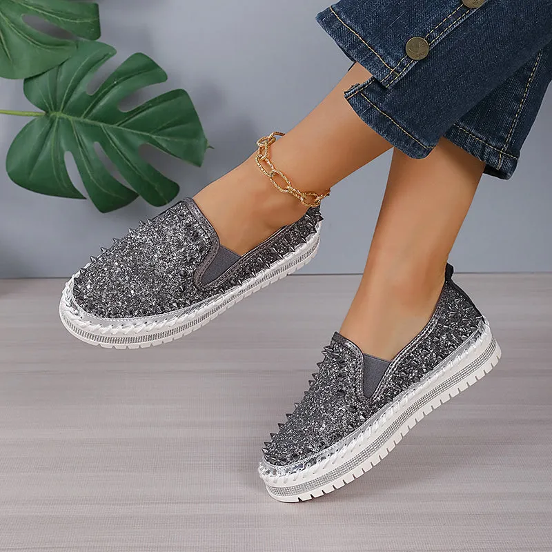 Women's rivets rhinestone platform slip-ons for spring/summer