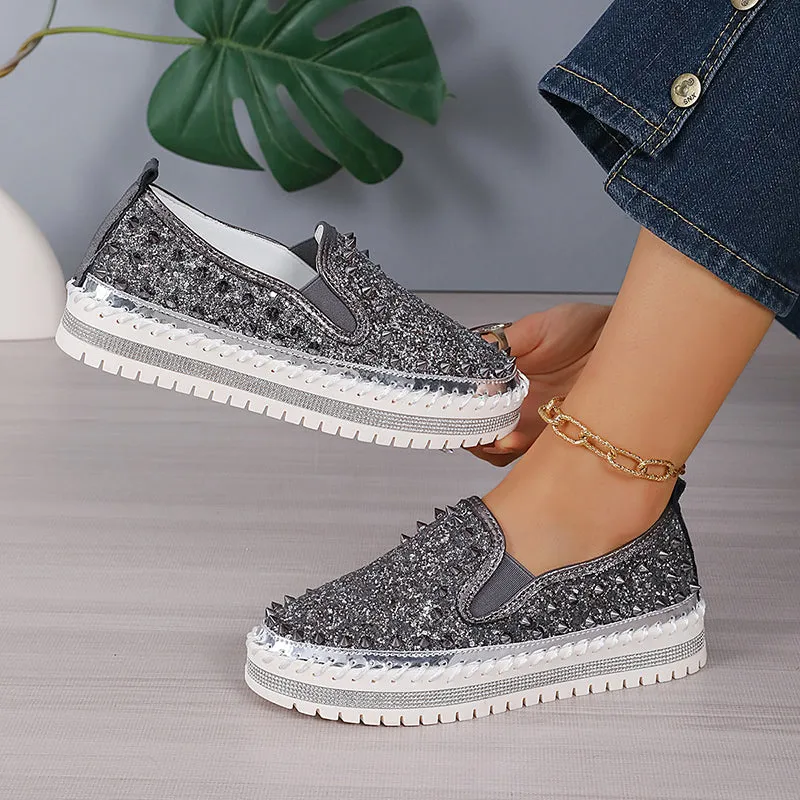 Women's rivets rhinestone platform slip-ons for spring/summer