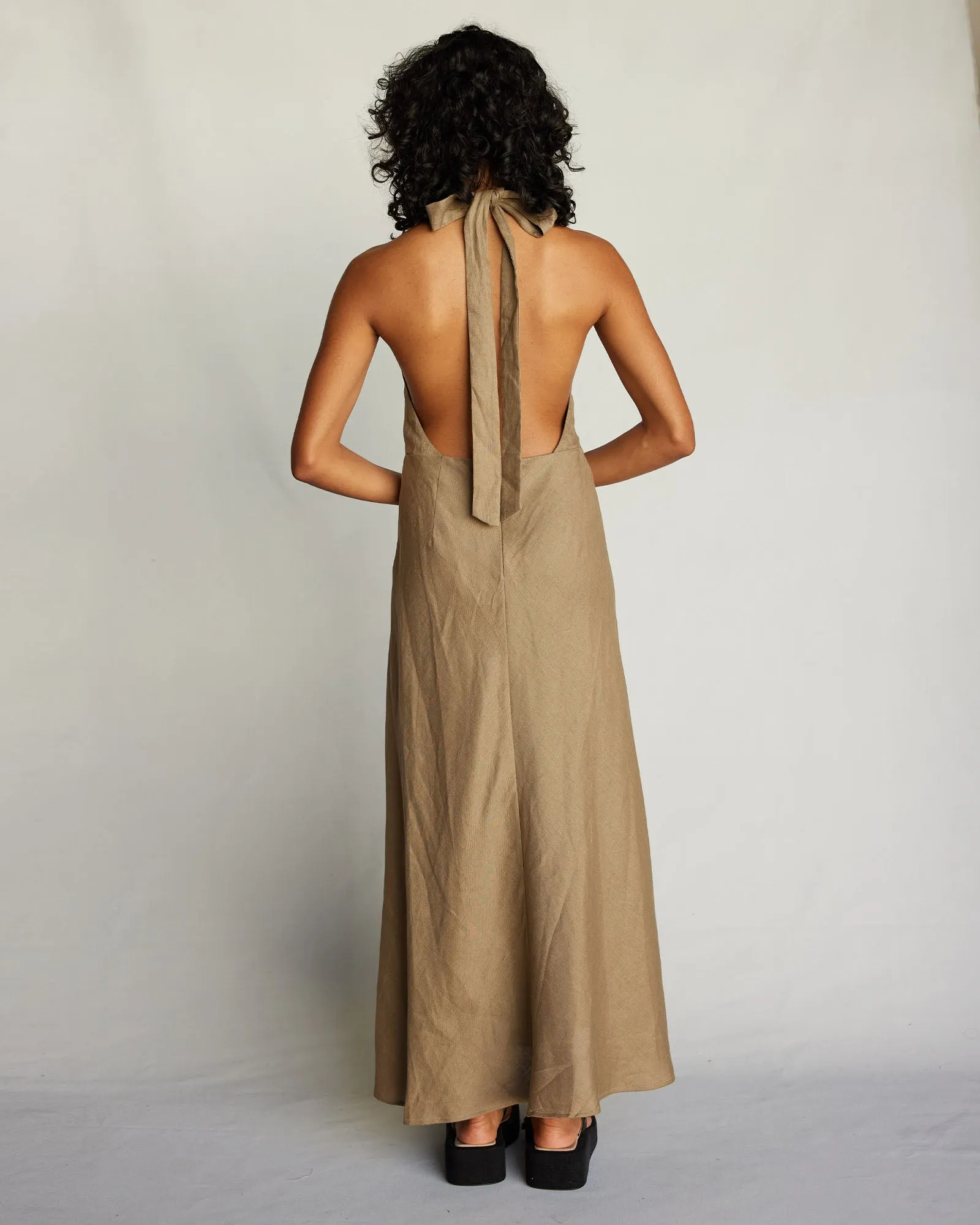Zaina Linen Halter Maxi Dress - Khaki