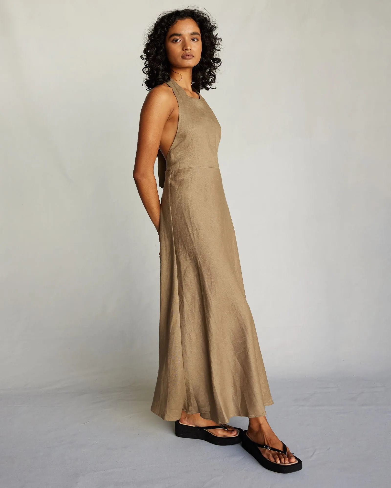 Zaina Linen Halter Maxi Dress - Khaki