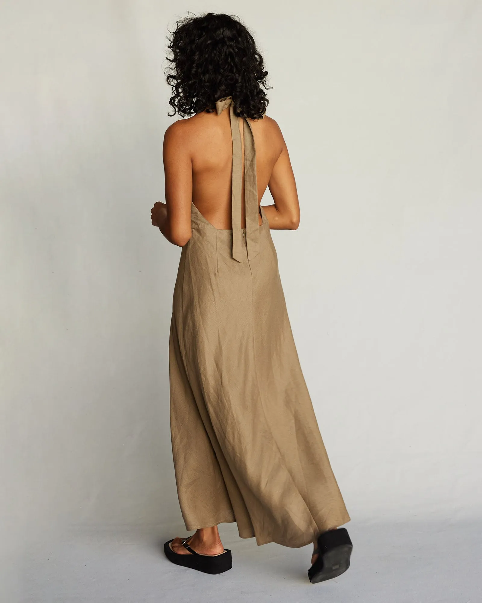 Zaina Linen Halter Maxi Dress - Khaki